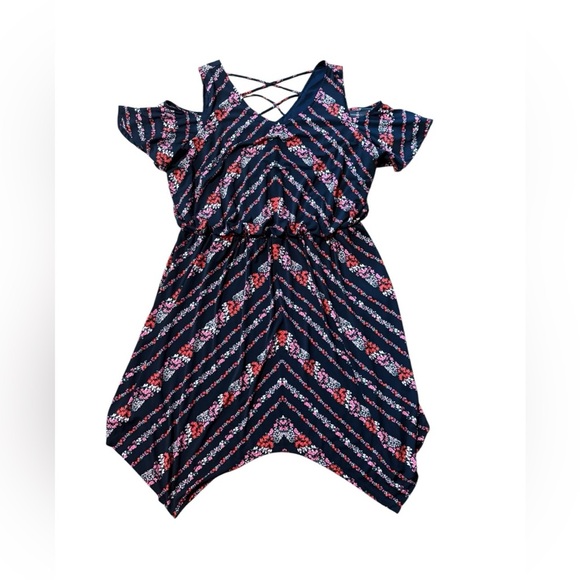 Maurice’s Cold Shoulder Navy Blue Pink Floral Midi Dress Shark bite Hem Sz 1X - Picture 1 of 7